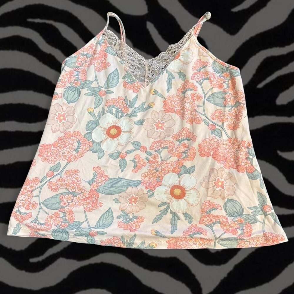 Flora Pink Floral Lace Trim Cami Tank Top Size S